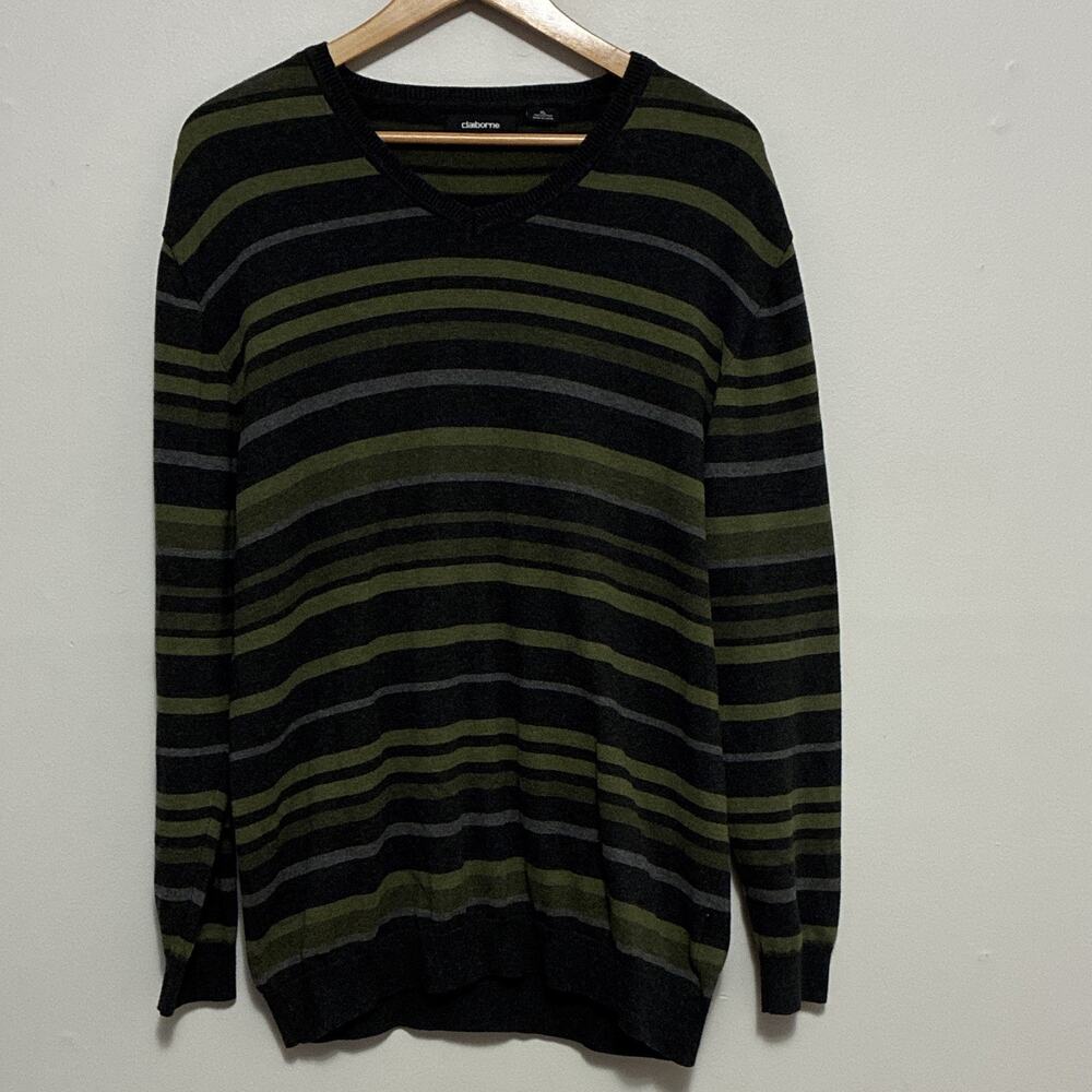 Claiborne Men's XL Green Black Gray Striped V-Neck Cotton Knit Pullover - Picture 1 of 5